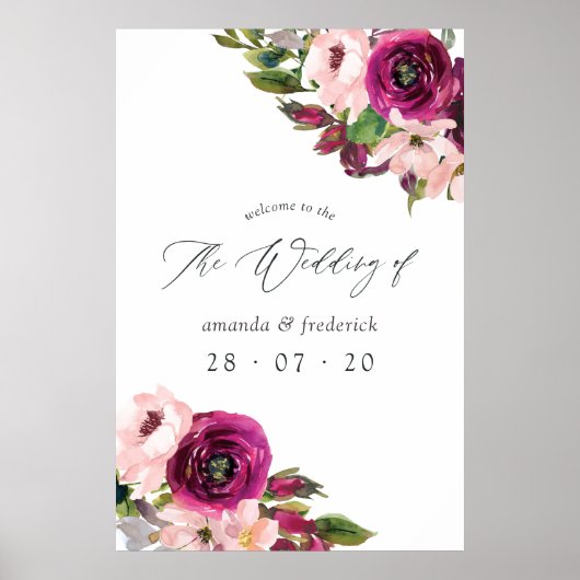 Poster Aquarelle Marsala & Blush Floral Mariage Bienvenue (Devant)