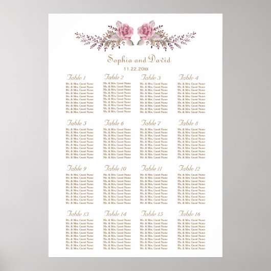 Poster Aquarelle Marsala Maroon Floral Seat Chart (Devant)
