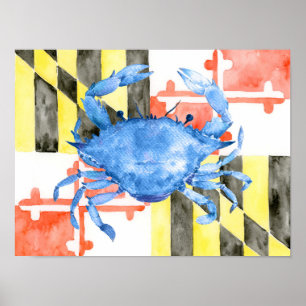 Poster Aquarelle Maryland drapeau et crabe bleu