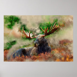 Poster Aquarelle Mélange Média Moose