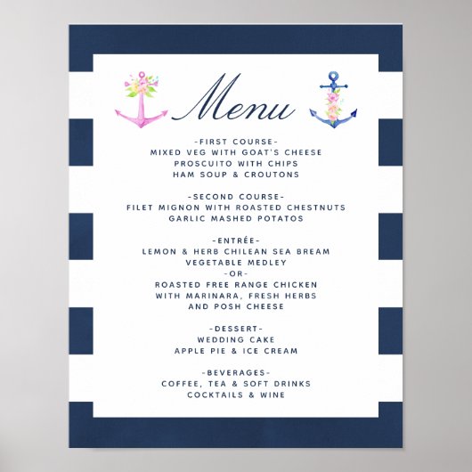 Poster Aquarelle menu Mariage floral nautique (Devant)