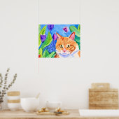 Poster Aquarelle mignonne Chat orange et jolies fleurs (Cuisine)