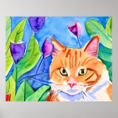 Poster Aquarelle mignonne Chat orange et jolies fleurs (Devant)