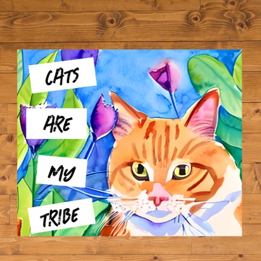 Poster Aquarelle mignonne Chat orange et jolies fleurs