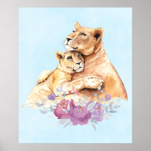 Poster Aquarelle mignonne Mère Lion & Cub