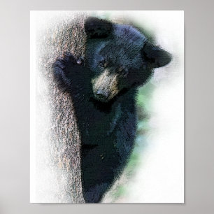 Poster Aquarelle mignonne Ours noir cub dans l'arbre