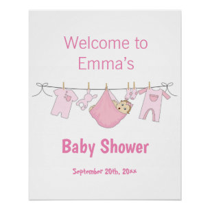 Poster Aquarelle mignonne rose fille Baby shower Bienvenu