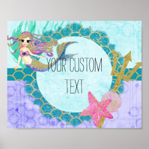 Poster Aquarelle mignonne sirène Turquoise et violet