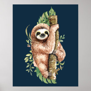 Poster Aquarelle mignonne Sloth & Feuilles tropicaux