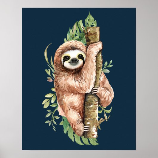 Poster Aquarelle mignonne Sloth & Feuilles tropicaux (Devant)