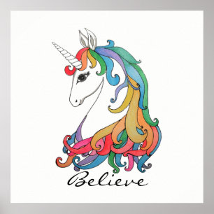Poster Aquarelle mignonne unicorne arc-en-ciel