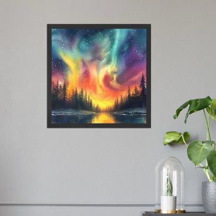 Poster Aquarelle moderne des aurores boréales sur le lac