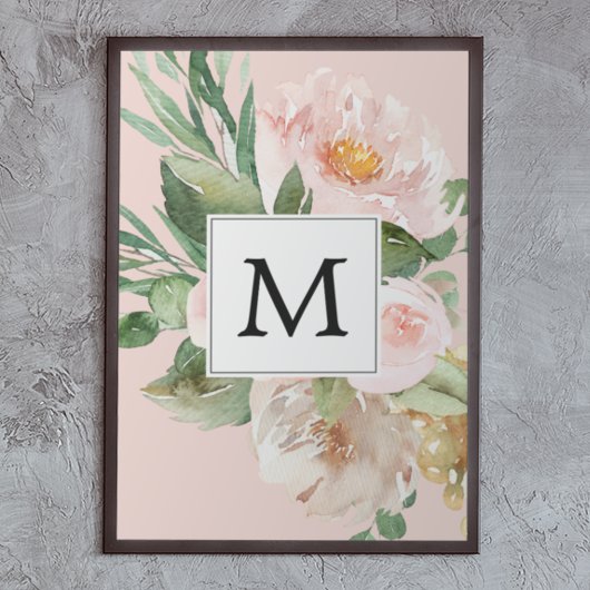 Poster Aquarelle moderne Fleurs roses Monogrammes
