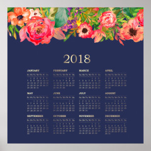 Poster Aquarelle moderne Floral 2018 Calendrier
