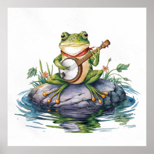 Poster Aquarelle moderne grenouille verte avec guitare su