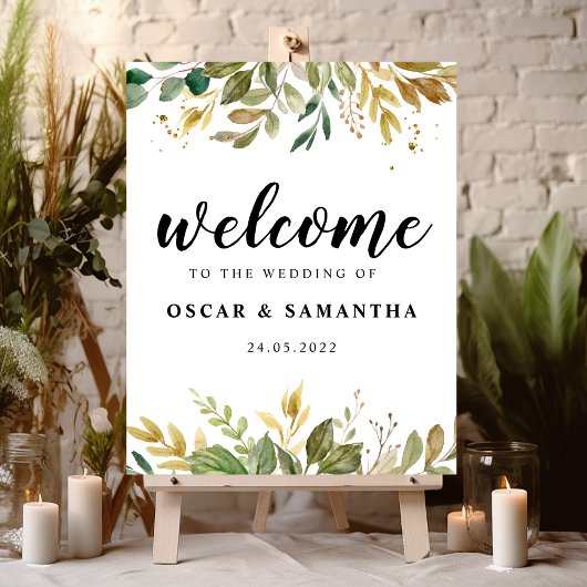 Poster Aquarelle moderne verte Feuilles et gouttes d'or