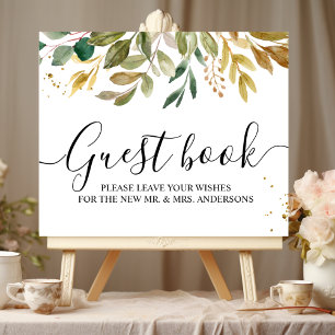 Poster Aquarelle moderne verte Feuilles et gouttes d'or