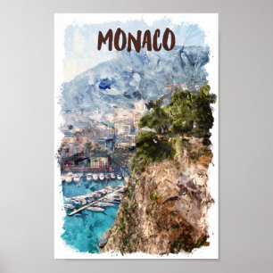 Poster Aquarelle Monaco Retro Travel Port View