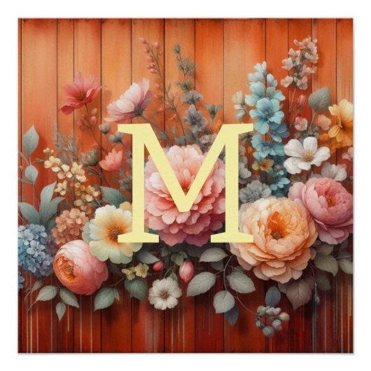 Poster Aquarelle monogramme fleurs terracotta couleur boi (Devant)