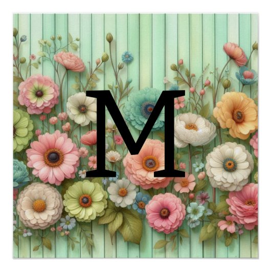 Poster Aquarelle monogramme pastel fleurs sur bois vert (Devant)