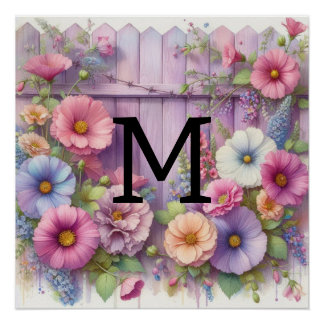 Poster Aquarelle monogramme pastel fleurs sur bois violet