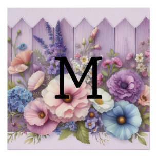 Poster Aquarelle monogramme pastel fleurs sur bois violet