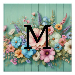 Poster Aquarelle monogramme pastille fleurs sur bois turq
