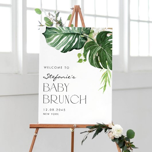 Poster Aquarelle Monstera Tropical Baby Brunch Bienvenue