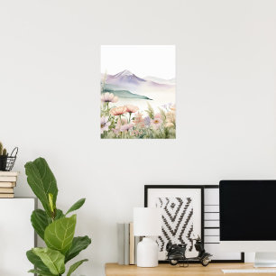 Poster Aquarelle Montagne Paysage Fleur sauvage Pos