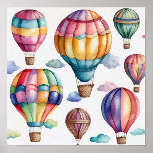 Poster Aquarelle multicolore Ballons à air chaud Art Impr