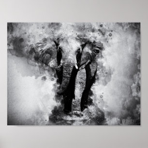 Poster Aquarelle noire et blanche africaine Eléphant
