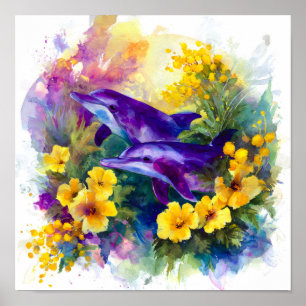 Poster Aquarelle Océan Dauphins Fleurs Tropicales