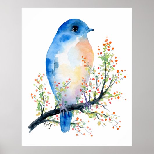 Poster Aquarelle Oiseau bleu sur Berry Branch (Devant)