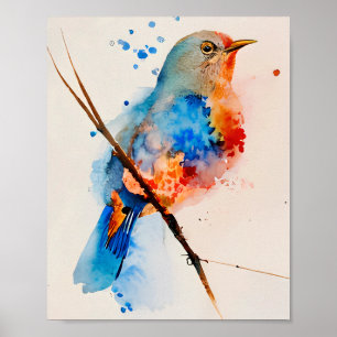 Poster Aquarelle Oiseau Peinture Toile Mur Art Bleu Oisea