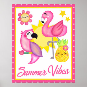 Poster Aquarelle Oiseaux tropicaux rose et jaune été
