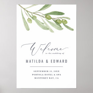 Poster Aquarelle olives branche bienvenue à notre mariage