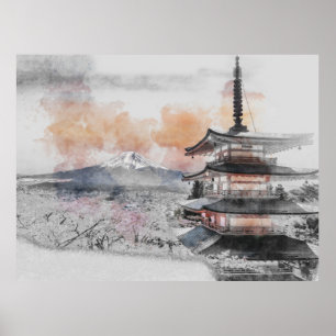 Poster Aquarelle Pagode japonaise & Mont Fuji
