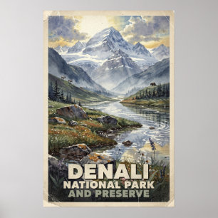 Poster Aquarelle Parc national et réserve de Denali Rétro