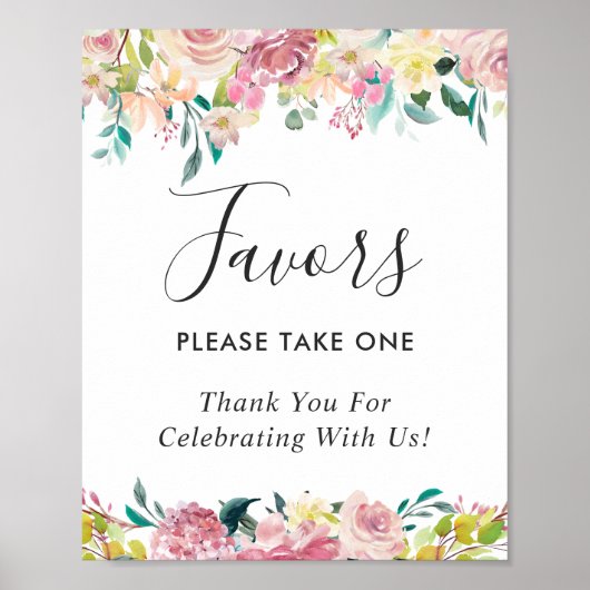 Poster Aquarelle Pastel Blush Floral Wedding Faveurs Sign (Devant)
