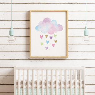 Poster Aquarelle Pastel Coeurs Cloud Baby Girl Nursery