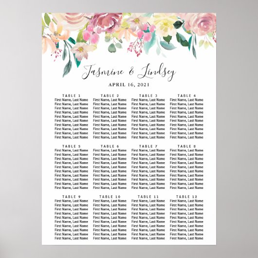 Poster Aquarelle Pastel Floral Mariage Chart (Devant)