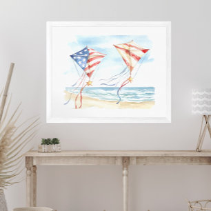 Poster Aquarelle Patriotique Stars Stripes Kites Coastal