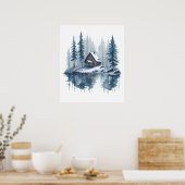 Poster Aquarelle paysage neigeux avec Cabine Lakeside (Cuisine)