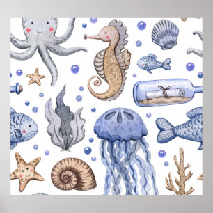 Poster Aquarelle Peinte à la main Motif de mer.