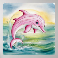 Aquarelle peinte dauphin rose