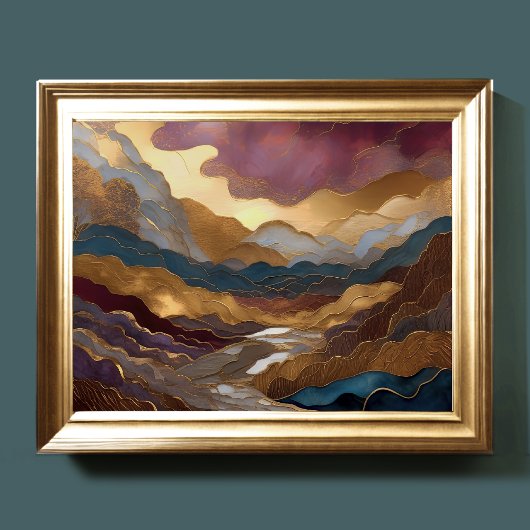 Poster Aquarelle peinture Abstraite or pourpre bleu II