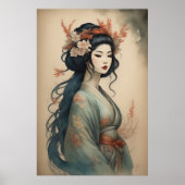 Poster Aquarelle Peinture Belle Asiatique Fleurs Femme (Devant)