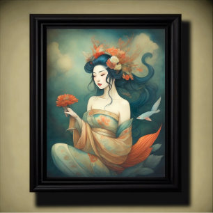 Poster Aquarelle Peinture Belle Asiatique Fleurs Femme