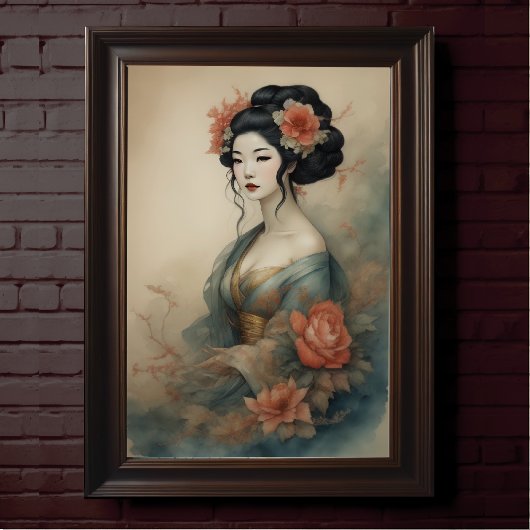 Poster Aquarelle Peinture Belle Asiatique Fleurs Femme