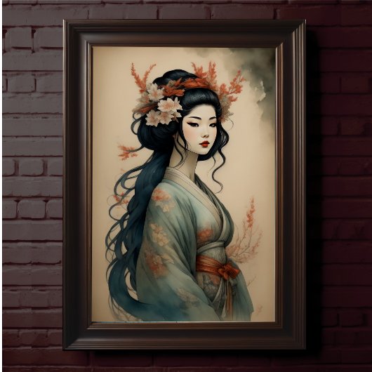 Poster Aquarelle Peinture Belle Asiatique Fleurs Femme